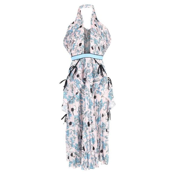 Self-Portrait Cross-Front Pleated Floral Halter Dress in Multicolor Polyester